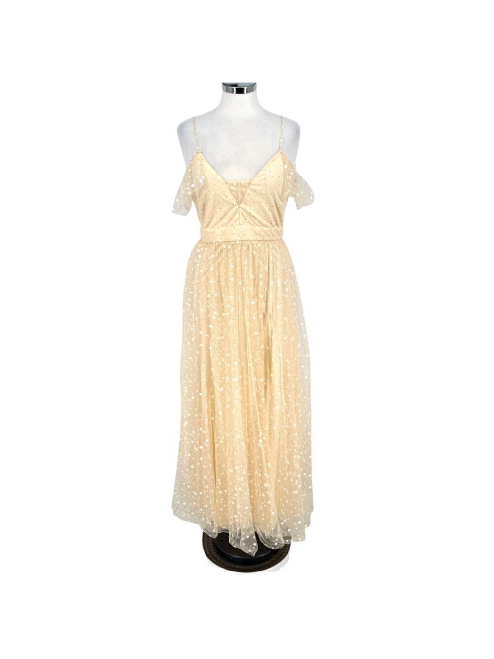 The Vintage Shop Sparkled Mesh Overlay Prom Party Dress Cream Gold Size Medium
